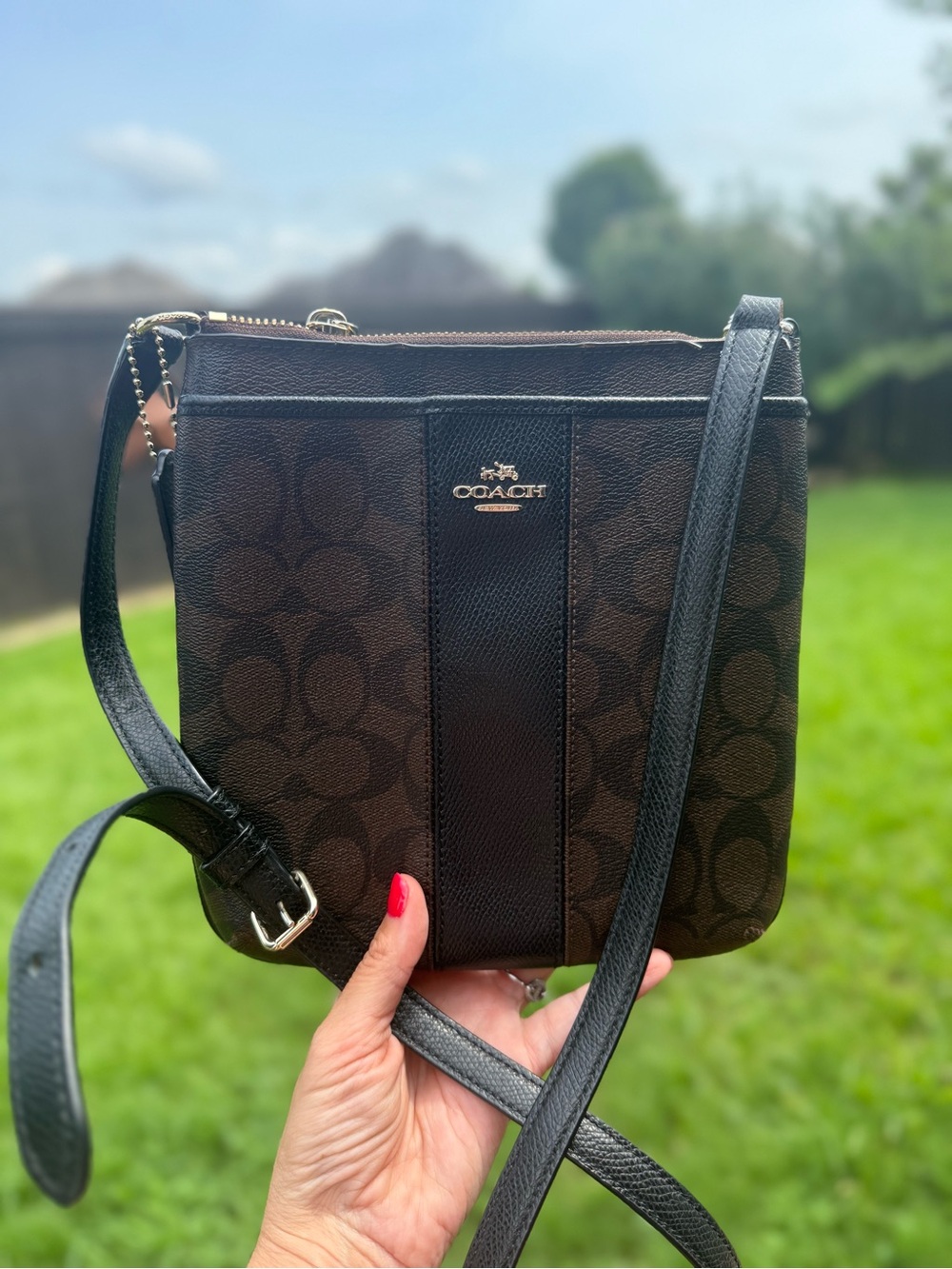 Coach Signature Brown Black Crossbody Bag Leather Trim Adjustable Strap Classic